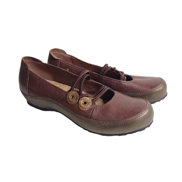 Clarks Shoes - CLARKS Artisan Brown Leath Merry Jane Elastic Strap Slip-On Loafers Shoes Sz 8M